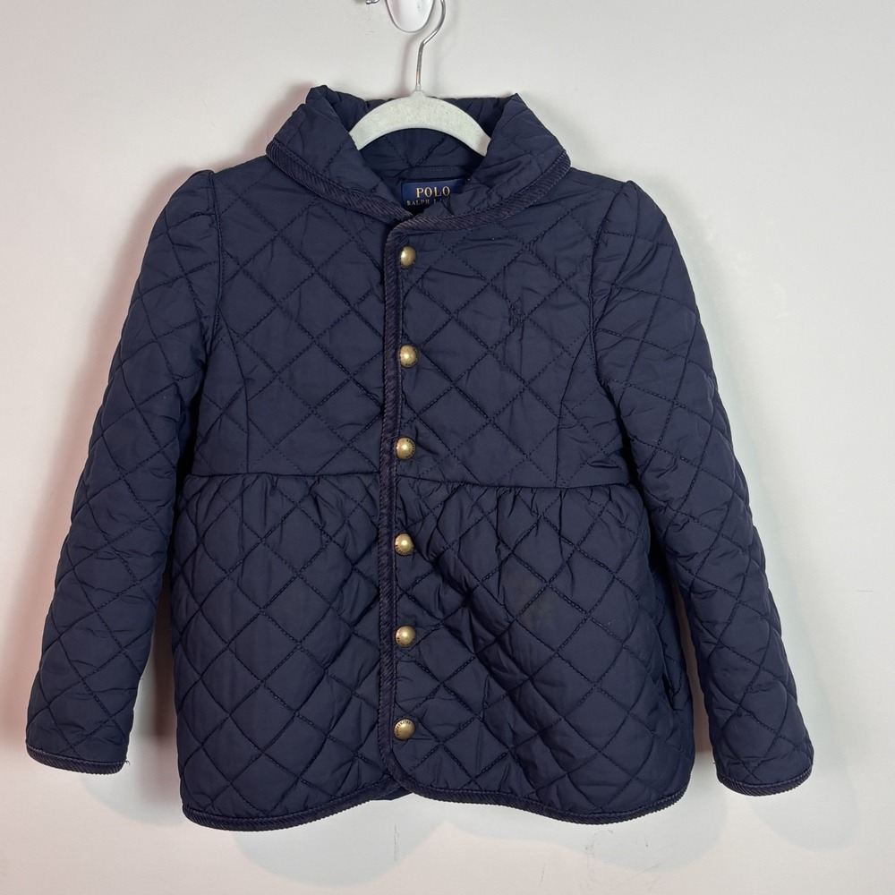 Polo Ralph Lauren Girls Navy Blue Quilted Snap Button Peplum Jacket sz 5 Classic